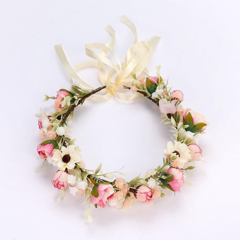 Floral Fall Camellia Flower Crown Rose Headpiece Wedding Bridal Flower Girl Halo Maternity Photo Props FL-03 (Pink Flower with Babysbreath) - Image 2